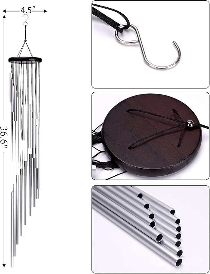 Wind Chimes, Large 36" Garden Chimes 18 Silver Aluminum Alloy Tubes and Hooks for Patio Outdoors Decor Home Decorations