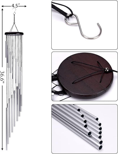Wind Chimes, Large 36" Garden Chimes 18 Silver Aluminum Alloy Tubes and Hooks for Patio Outdoors Decor Home Decorations