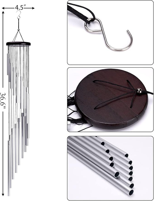 Wind Chimes, Large 36" Garden Chimes 18 Silver Aluminum Alloy Tubes and Hooks for Patio Outdoors Decor Home Decorations