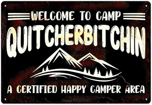 Vintage Metal Funny Camping Tin Sign-Welcome To Camp A Certified Happy Camper Area Outdoor Porch Patio Home Kitchen Garden Bar Poster Retro Decor Art 8X12 Inch Wall Decor