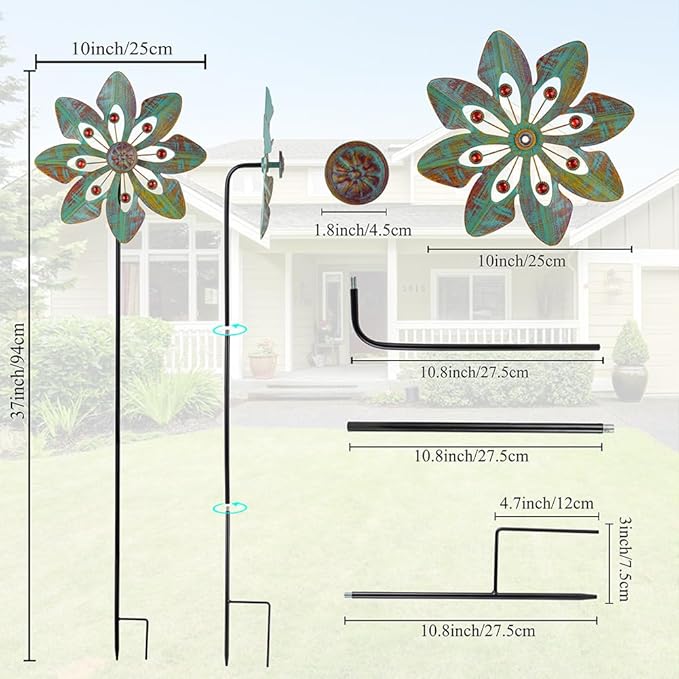 VEWOGARDEN 2 Pack Wind Spinners Outdoor, Metal Wind Spinner with Flower Design for Yard Garden Lawn Decorations, Copper Green