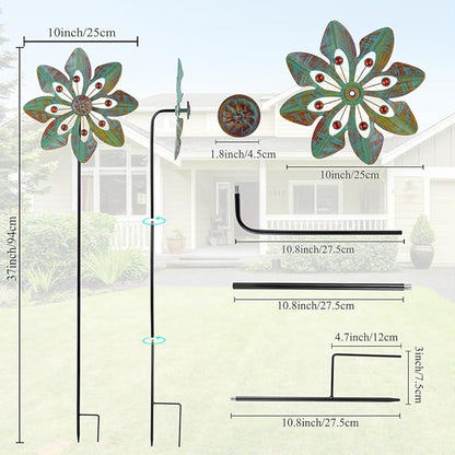 VEWOGARDEN 2 Pack Wind Spinners Outdoor, Metal Wind Spinner with Flower Design for Yard Garden Lawn Decorations, Copper Green