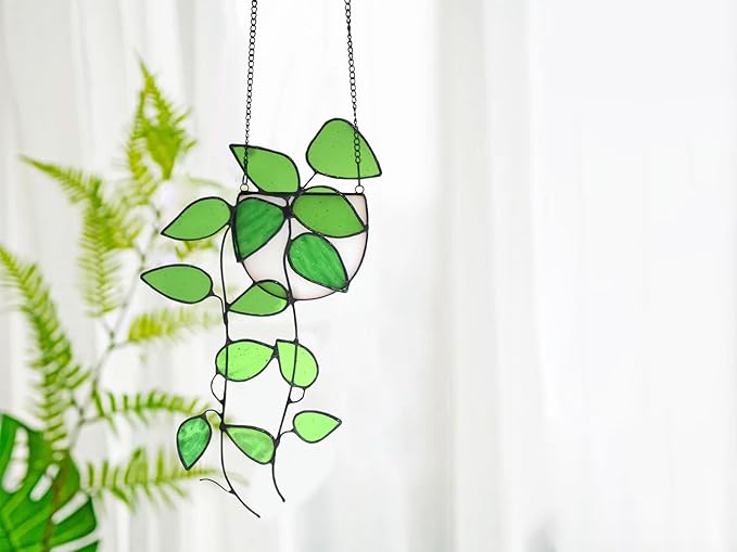 Lolitarcrafts Plant Stained Glass Window Hangings Faux Plant Leaf Suncatchers for Plant Lovers Monther Day Gifts
