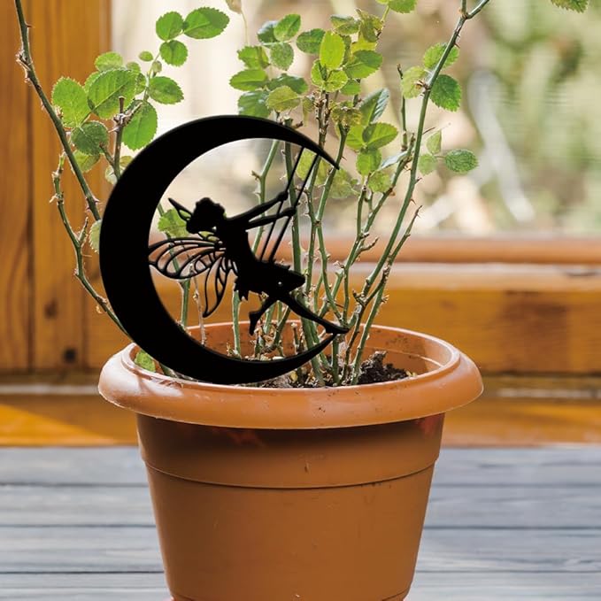 SUPERDANT Fairy Garden Decor Moon Swing Black Silhouette Outdoor Lawn Pots Decor Elves Metal Garden Stakes Decorative Metal Yard Art for Yard Patio Trees Gift for Gardeners Mother's Day