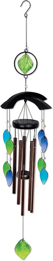 Sunset Vista Designs 91948 Asian Bell Chimes Wood and Metal Wind-Bells Wind Chime for Patios Porches and More, 35-Inches Long, Blue & Green Glass
