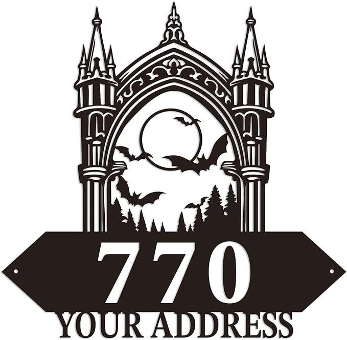 Personalized Gothic House Number metal Signs,Custom Address Number Metal Wall Art Decor,Black Plaques Outdoor wall Decorative Signage,Shed(8-30 Inches) (Castle B)