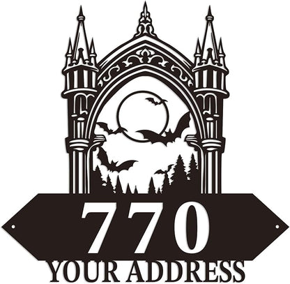 Personalized Gothic House Number metal Signs,Custom Address Number Metal Wall Art Decor,Black Plaques Outdoor wall Decorative Signage,Shed(8-30 Inches) (Castle B)