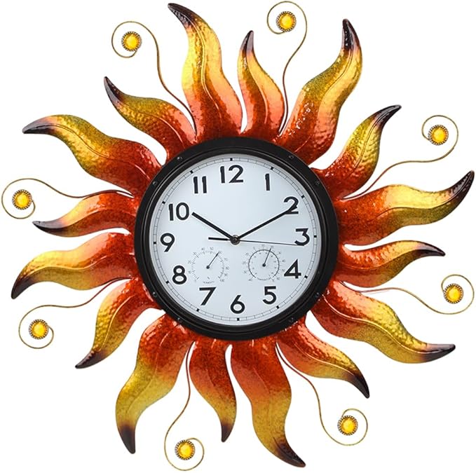 Large Outdoor Clock with Thermometer & Humidity - Silent Non-Ticking Sun Outdoor Wall Clock for Patio, Garden, Kitchen, Living Room(Yellow)
