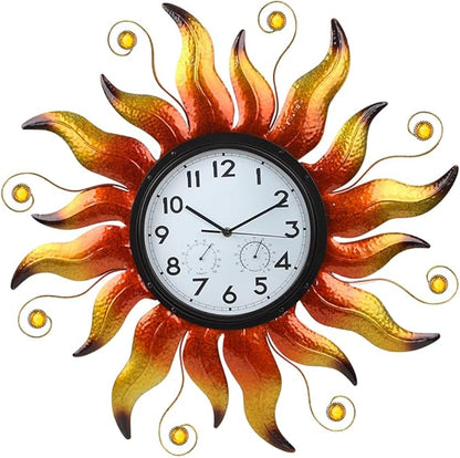 Large Outdoor Clock with Thermometer & Humidity - Silent Non-Ticking Sun Outdoor Wall Clock for Patio, Garden, Kitchen, Living Room(Yellow)