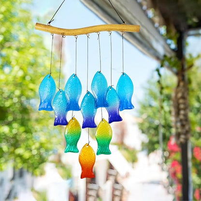 Vindar Sea Glass Wind Chimes for Outside, 28" Unique Schools of Fish Handmade Glass Wind Chimes, Hanging Windchimes for Garden Backyard Home Outdoor Decoration, Gift for Grandmother, Mother, Friends