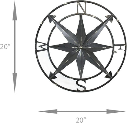 Zeckos Distressed Metal Nautical Compass Rose Wall Décor - Rustic 20-Inch Diameter Hanging Art with Vintage Black Enamel Finish - Perfect for Indoor and Outdoor Display