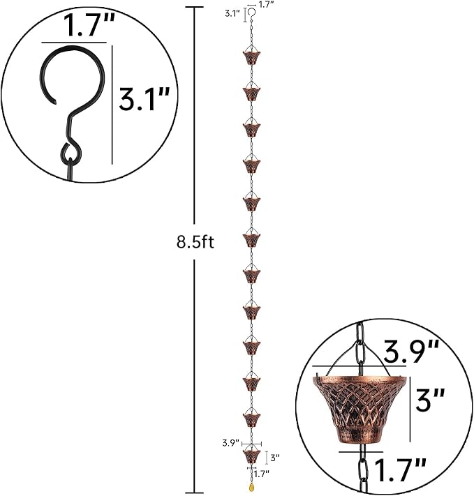 Rain Chains 8.5 Ft, Gutter Downspouts Diverter Outdoor Metal Copper Plaid Rainwater Extensions, 12 Cups
