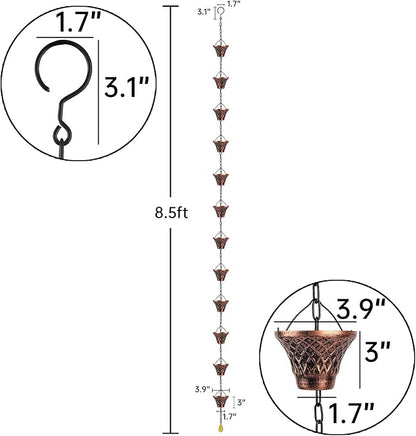 Rain Chains 8.5 Ft, Gutter Downspouts Diverter Outdoor Metal Copper Plaid Rainwater Extensions, 12 Cups