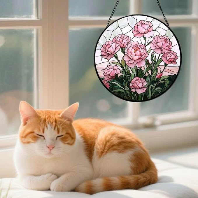 Stained Glass Window Hanging - Blooming Pink Peonies 6.3 Inches Suncatcher for Garden Home Decor for Women Mon Grandma Friends