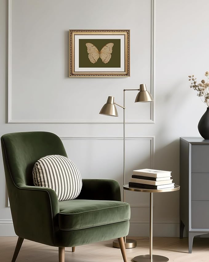 ARPEOTCY Vintage Gold Framed Wall Art, Classical White Butterfly Paintings, Dark Moody Green Canvas Prints Artwork with Frame, Victorian Wall Decor for Living Room Bathroom Bedroom 11x14 inch