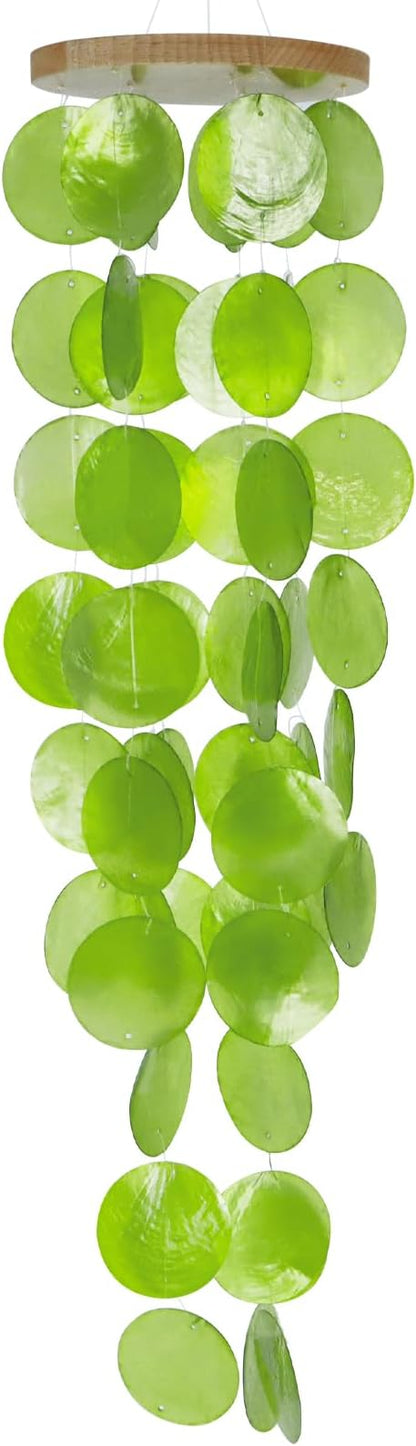 Capiz Shell Wind Chime for Outside 28” Sea Glass Wind Chime Ocean/Beach Themed Chime Gift for Women Mother’s Day Decoration Green