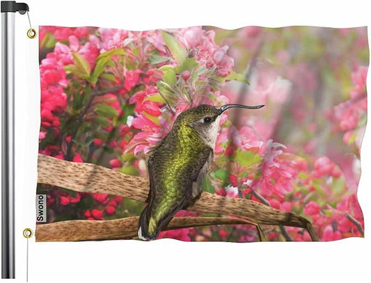 Swono Green-Pink Hummingbird Apple Blossom Pink Floral Flag 3x5 FT Big Flag Outdoor Indoor Office with Brass Grommets
