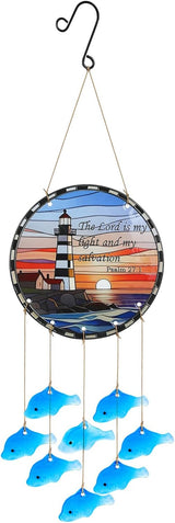 Sea Glass Fish Wind Chimes for Outside, Lighthouse Glass Windchimes Outdoors, Windchimes Outdoors Unique Suncatcher, Patio Beach Outdoor Home Garden Decor, Memorial Garden Christmas Decoration Gifts