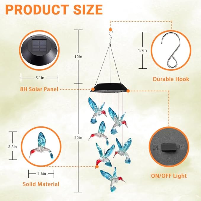 Hummingbird Solar Wind Chimes for Outside - AIONASA Color Changing LED Outdoor Solar Lights Waterproof Windchimes, Hanging Gifts for Mom Grandma Women, Home Garden Patio Yard Porch Decoration