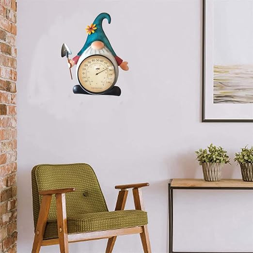 Metal Gnome Thermometer Indoor Outdoor Wall Art Decor Plaque Sculpture Hanging Mounted for Living Room Bedroom Kitchen Workroom Patio, Waterproof, No Battery Required