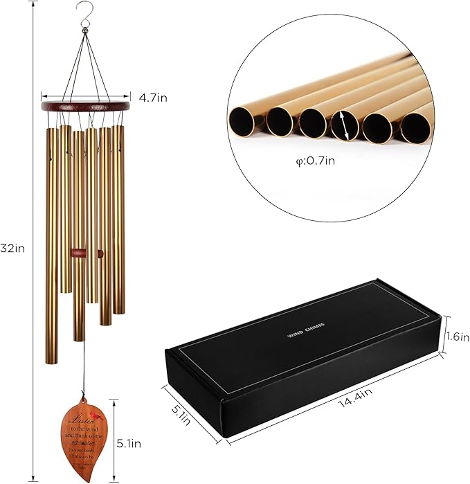 Golden Aluminium Windchimes for Outdoors - Deep Tone Memorial Wind Chimes for Loss of Loved One