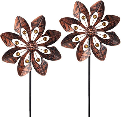 VEWOGARDEN 2 Pack Wind Spinners Outdoor, Metal Wind Spinner with Flower Design for Yard Garden Lawn Decorations, Antique Bronze
