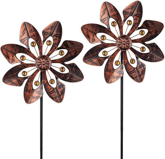 VEWOGARDEN 2 Pack Wind Spinners Outdoor, Metal Wind Spinner with Flower Design for Yard Garden Lawn Decorations, Antique Bronze