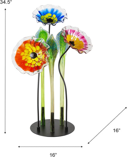 Dale Tiffany AS23093 Fiore Bloom Hand Blown Glass Flower Petal Art Glass Sculpture with Metal Stand for Indoor Garden Patio Decoration, Multi Color, 3-Plate 34.5" Tall