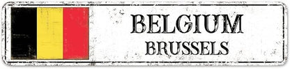 Personalized Belgium Street Sign Belgium Flag Metal Sign Capital City of Belgium Metal Tin Sign Road Wall Art Rustic Country City Indoor & Outdoor Decor for Home Man Cave Door Porch Garden 18x4in