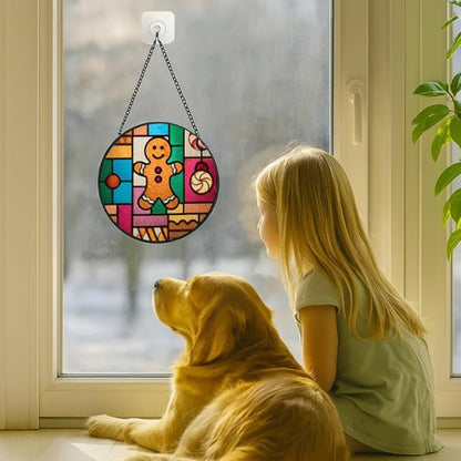 Stained Glass Window Hanging - Christmas Color Block Gingerbread Cookie with Peppermint Ornaments Sun Catchers Panel for Indoor Decorative Display for Mom,Wife,Lovers,Festive