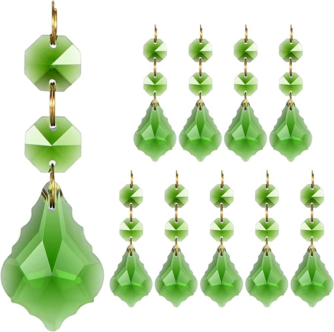 M METERXITY 10PCS Crystal Suncatcher 2 Leaves Prisms Pendants Ornament, 38mm Chandelier Hanging Crystal Sun Catcher Beads for Home Garden Windows Wedding DIY Decoration [Medium Green]