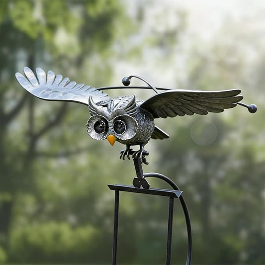 Metal Owl Garden Stake Decor, Owl Garden Rocker Outdoor Metal Owl Sculpture, Kinetic Owl Decorative Garden Stakes for Outdoor Garden Lawn Yard (Flying owl)