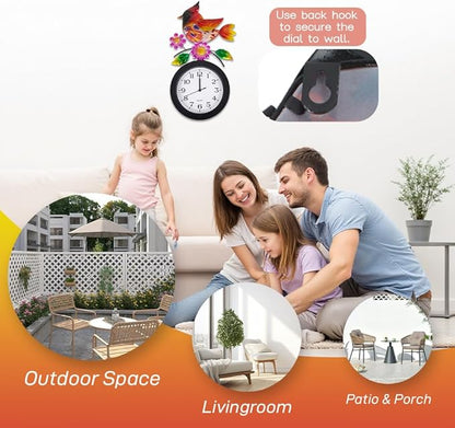 Outdoor Clock with Cardinal and Flowers, Cardinal Birds Outdoor Wall Clock Waterproof, Silent No-Ticking Outdoor Clocks for Garden, Fence, Patio, Living Room