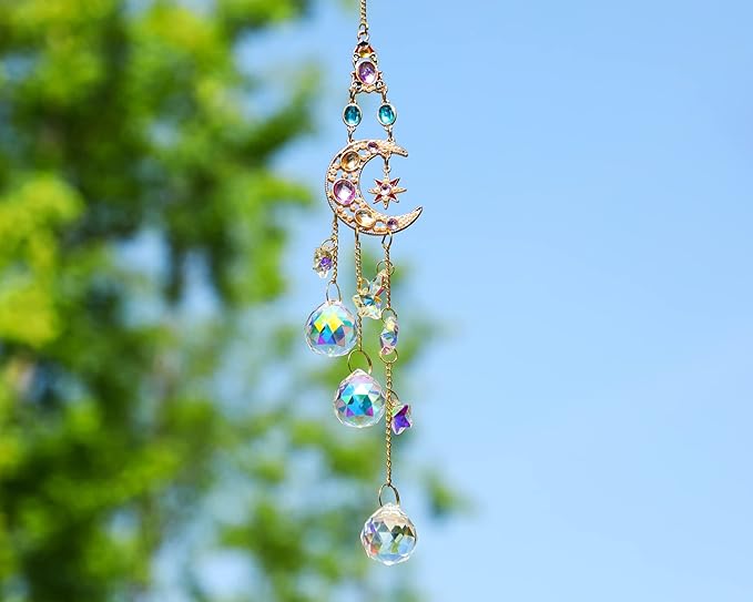 H&D HYALINE & DORA Handmade Crystal Moon&Star Prisms Suncatchers, Glass Window Hanging Ornament, Rainbow Rhinestones Decor for Home Garden Imitation Jewellery