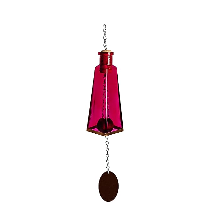 Blue Ridge Mountain Gifts Pyramid Bottle Wind Chime for Garden & Porch Decor w/Cooper Accent, Stained Wooden Ball, & Colorful Glass Bottles - Ideal for Wind Chime Lovers (Pink)
