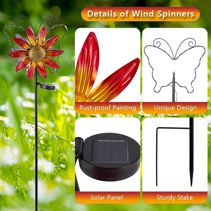 Solar Wind Spinners Outdoor,Butterfly Garden Windmill Metal Flower Wind Sculptures for Yard Art Lawn Decor(Red)