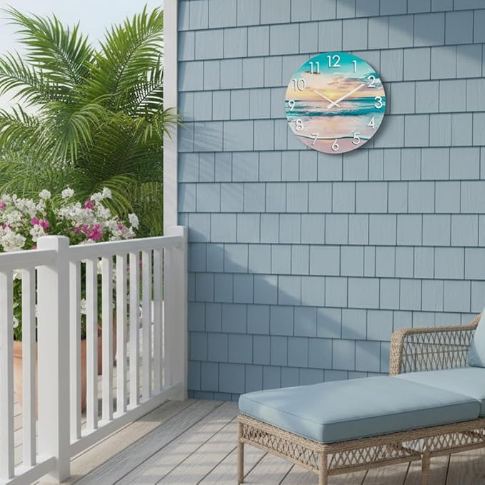 12 Inch Outdoor Clock Waterproof – Tempered Glass Wall Clock with Stunning Sunset Beach & Sand Scene, UV Resistant Coastal Decor for Patio, Pool, Garden, Porch & Bathroom