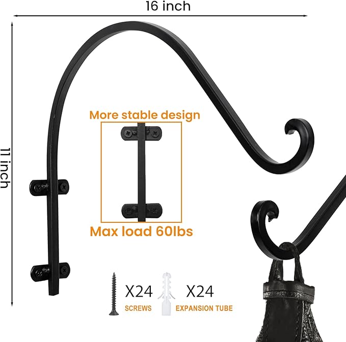 6 Pack 16 Inch Hanging Plant Brackets, Heavy Duty Outdoor Plant Hangers, Black Plant Hanger Bracket for Flower Basket, Bird Feeders, Lanterns, Wind Chimes