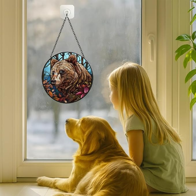 Stained Glass Window Hanging Bear with Leaves 11.8in Sun Catchers Panel for Indoor Decorative Display for Mom Wife Lovers Festive