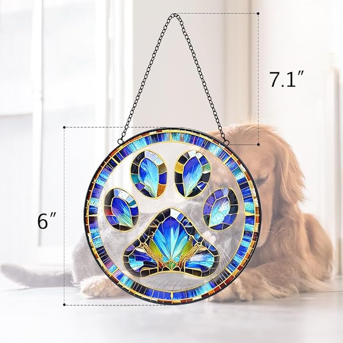 Dog Cat Paw Print Suncatcher Stained Glass Window Hanging - Handmade Dog Paw Suncatchers for Windows Hanging - Sun Catchers Indoor Wall Decor Glass Panel Memorial Catcher Remembrance Birthday Gift