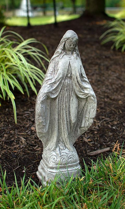 BestNest Athens Tiny Mary Statue – Pre-Aged Gray Concrete Virgin Mary Sculpture – Durable Outdoor Religious Statue on Pedestal – Classic Catholic Garden Décor for Yard, Patio, or Home Display
