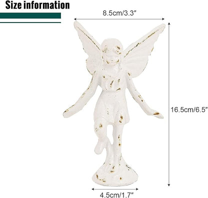 Sungmor Cast Iron Angel Statue, Rustic White Playful Fairy Figurines, Creative Angel Pixie Collection Home Office Desk Decor, Indoor Outdoor Fairy Garden Accent Ornament