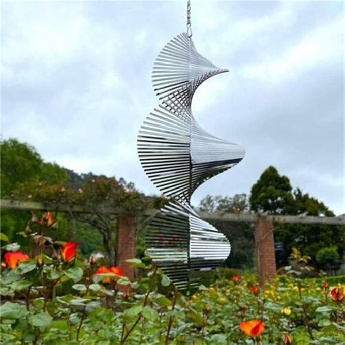 KAKAA 3D Wind Chimes Metal Helix Spinners Silver for Backyard Outdoor Hanging Decor Garden Ornaments
