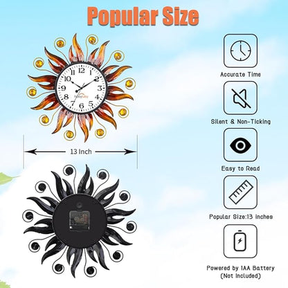 Outdoor Clock Silent Non-Ticking, 13" Sun Outdoor Wall Clock for Patio, Living Room, Home Decor（Orange）