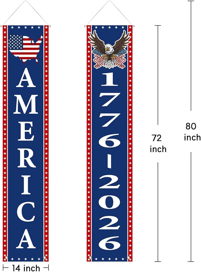 4th of July Decorations Outdoor - 250th Anniversary Decorations 2 Pack Patriotic Porch Banners for Independence Day - USA Spirit 1776-2026 US Birthday Hanging Flag Front Door Porch Signs Indoor Outdoor