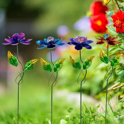 Viveta 4 Pack Flower Decorative Garden Stakes, Metal Flowers Outdoor Decor Metal Flower Sticks for Patio, Lawn, Yard Decorations