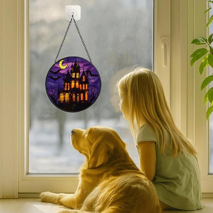 Stained Glass Window Hanging - 6.3in Haunted House with Moon and Bats Halloween Decor Sun Catchers Indoor Stained Glass Panels Wall Decor for Mom，Wife，Lovers，Festive