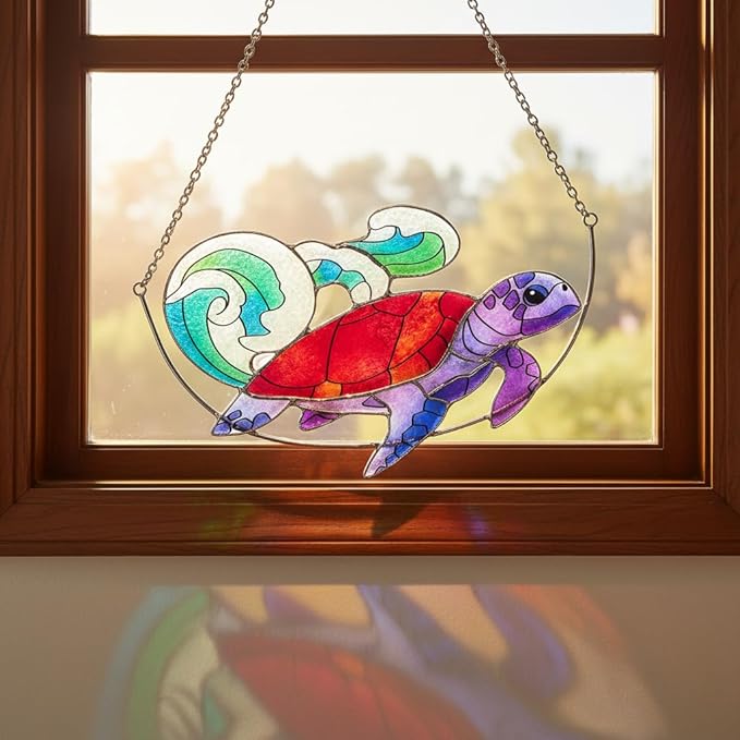 Sea Turtle Stained Glass Window Hanging, Ocean Sea Life Sun Catchers Indoor Panel, Nautical Suncatcher Decor for Home, Wall, Garden, Coastal Ornament Gift for Women, Beach Lovers