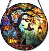 Stained Glass Window Hanging - 9.8in Pumpkin Lanterns and Black Cat Under Magic Tree with Witch Hat Sun Catchers Panel for Indoor Decorative Display for Mom, Wife, Lovers, Festive