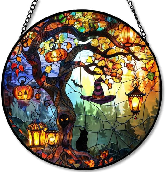Stained Glass Window Hanging - 9.8in Pumpkin Lanterns and Black Cat Under Magic Tree with Witch Hat Sun Catchers Panel for Indoor Decorative Display for Mom, Wife, Lovers, Festive